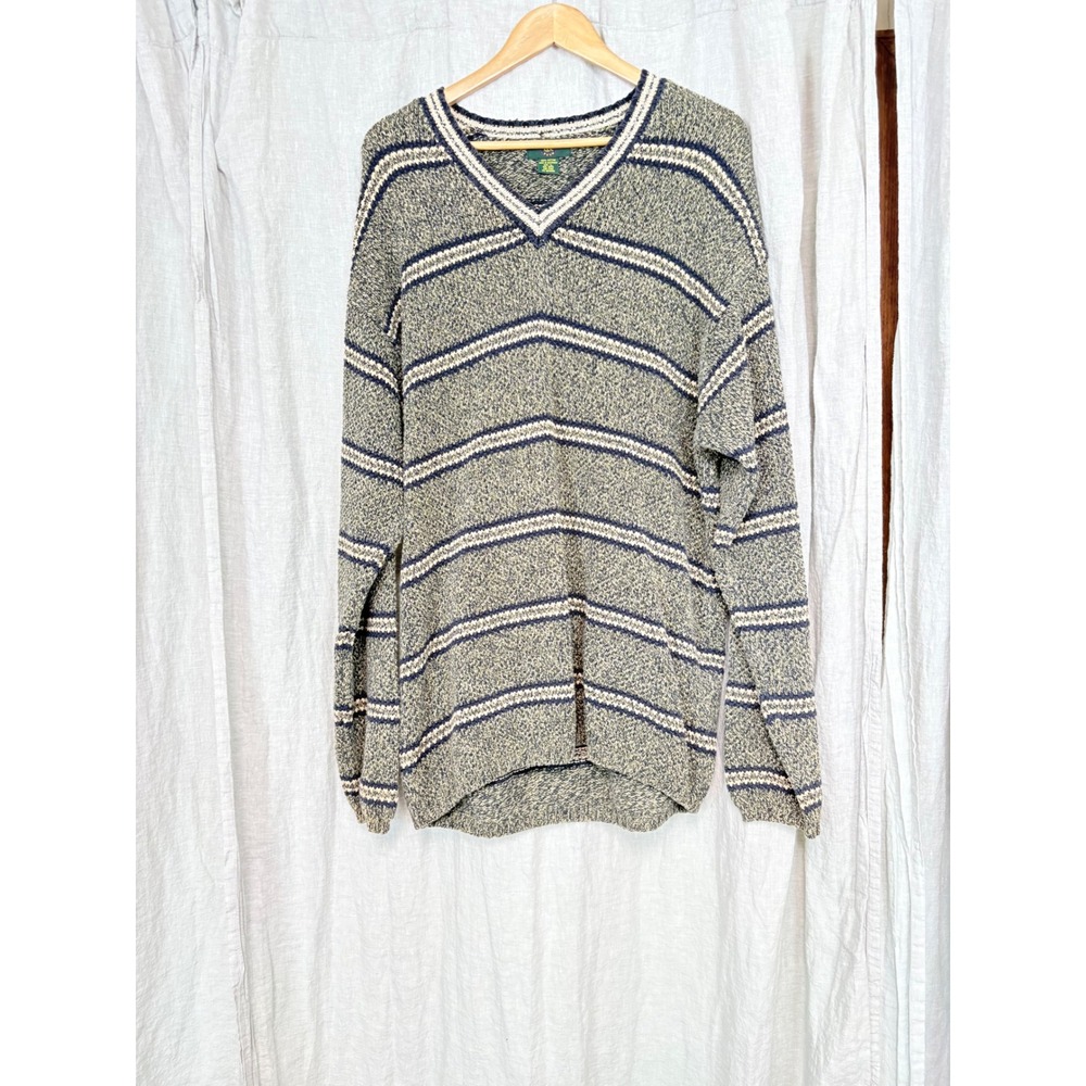 Club Room Mens V-Neck Sweater Large Green‎ Striped 100% Cotton Made in Australia